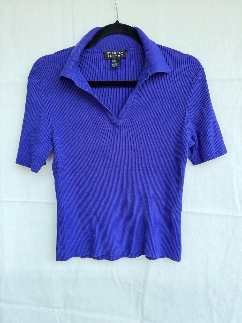 VTG Y2K Spenser Jeremy Women Blue Ribbed Polo Top Silk Blend Short Sleeve Large